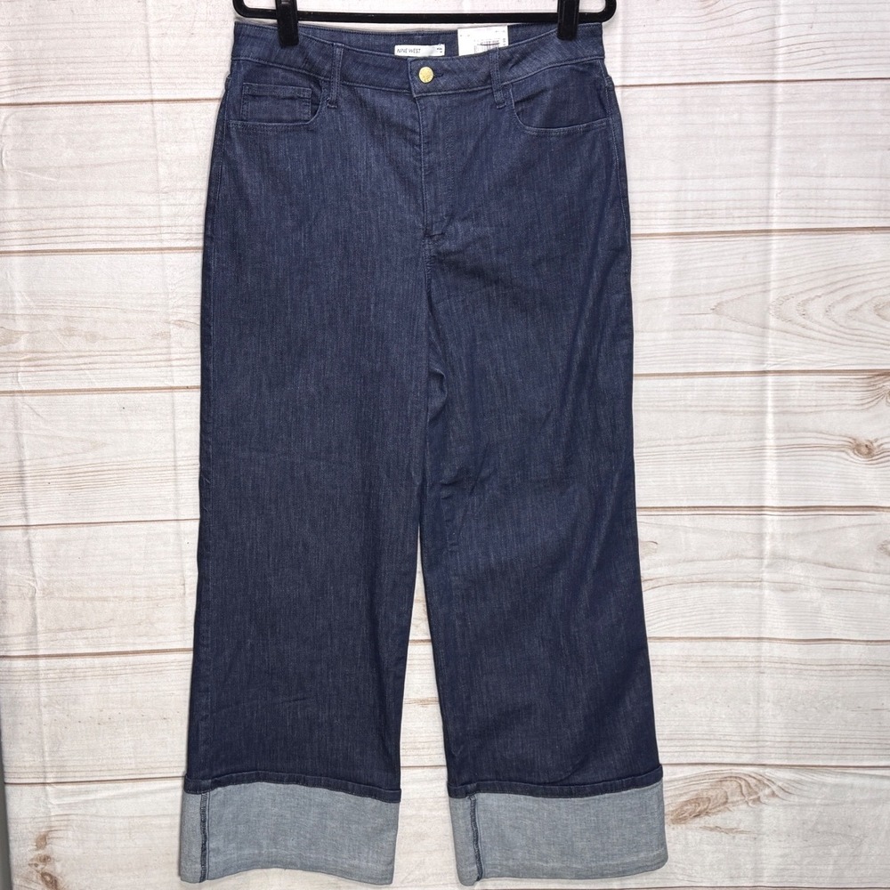 Nine West High Rise Wide Leg Cuffed Jeans Dark Wash Stretch Denim Size 14 NEW‎